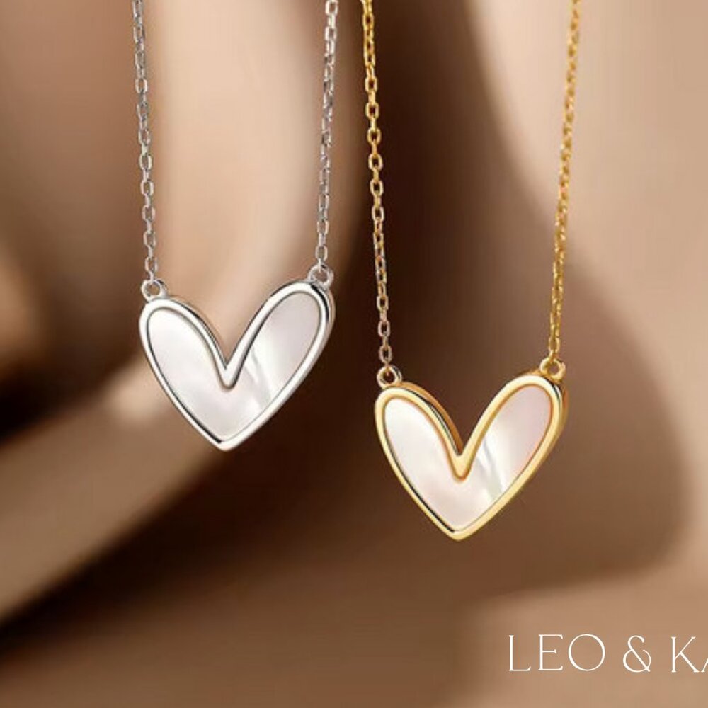 Mother of Pearl Heart Pendant Necklace. Gold & Silver. 925 Sterling Silver #1097